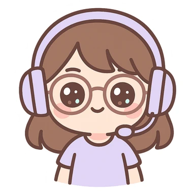 female brunette wearing glasses and a purple gaming headset, chibi style sticker