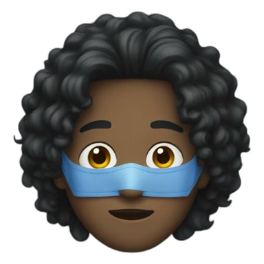 A dark young man with long curly hair, wearing a blue mask sticker