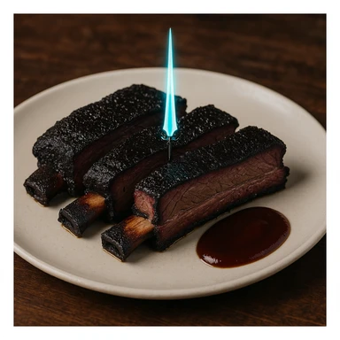 a delicious plate of smoked ribs, the color of the meat is succulent dark blackish purple, the 5 Michelin star dish is plated with a tiny energy sword piercing the center sticker