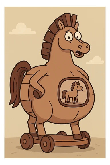 humorous cartoon of a pregnant trojan horse with a round belly and a small window showing a mini horse inside the belly, clear and funny sticker