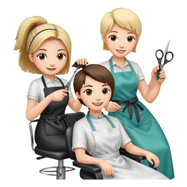woman getting a haircut from a female hairstylist, both smiling, client sitting in chair with apron, hairstylist standing behind holding scissors sticker