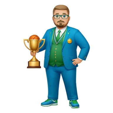 full body white obese male basketball coach with trophy. Goatee , Wearing glasses and blue and green suit sticker