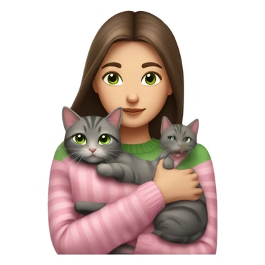 Brunette girl with long hair and green eyes in a pink sweater hugs a gray striped cat. The cat has brown eyes sticker