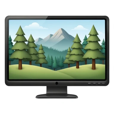 Minimalistic flat vector icon, iOS style, thin black contour on white background. Computer monitor with a simple forest scene on the screen (trees, minimal landscape). Clean, no text, no shadows sticker