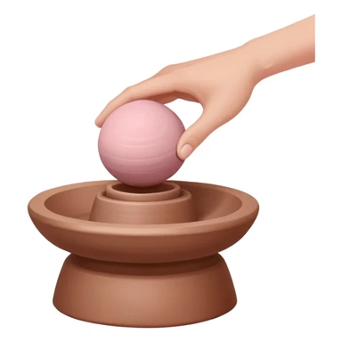 one hand centering a pink ball of clay on an empty pottery wheel, pressing down with palm to center it sticker