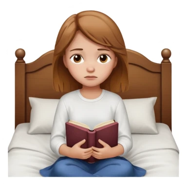 Девушка со светлыми русыми волосами сидит на кровати грустная с книжкой sticker