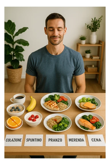 Uomo sereno con fisico sano e asciutto seduto davanti a un grande tavolo diviso in 5 sezioni, ognuna con un pasto bilanciato: colazione, spuntino, pranzo, merenda, cena. Ogni piatto ha porzioni equilibrate di proteine, carboidrati e grassi salutari. Ambiente ordinato, stile di vita sano, luce naturale, atmosfera di consapevolezza nutrizionale. in italiano sticker