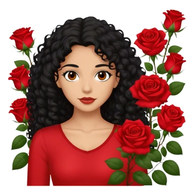 Brown eyes black curly long hair red roses backdrop ted top  sticker