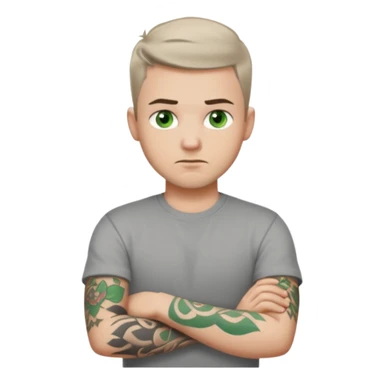 White young man with short dark taper fade hair cut and slight goatee and neutral expression with his arms folded. Green eyes and arm tattoos sticker