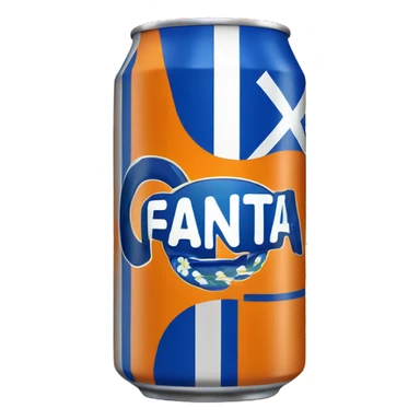 Blue Fanta can with Greek flag printed. An orange next to it sticker