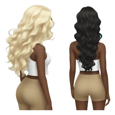 the back side of a brown women, with black hair, a white crop top, wavy long hair, beach sticker