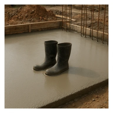 На строительной площадке видно застывший влажный бетон, он ровный и аккуратный залит как фундамент. В центре — пара старых резиновых сапог, частично утонувших и застывших в цементе, будто кто-то случайно оставил их там sticker