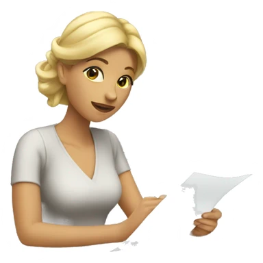 a blonde woman writing a note on her office
 sticker
