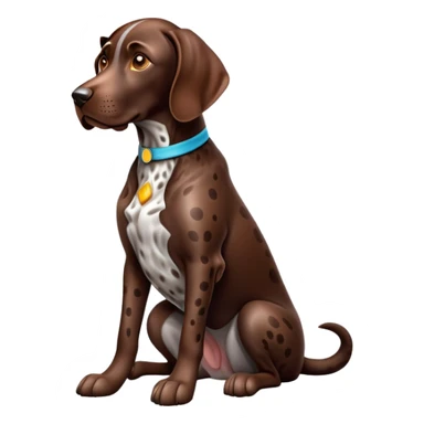cinematic-[german pointer]-realistic-full-body-sitting-emoji,-tail-resting-loosely-beside-its-paws,-head-tilted-dramatically,-sleek-[brown spotted]-fur,-simplified-yet-realistic-focused-features,-highly-detailed,-glowing-with-an-almost-sarcastic-glow sticker