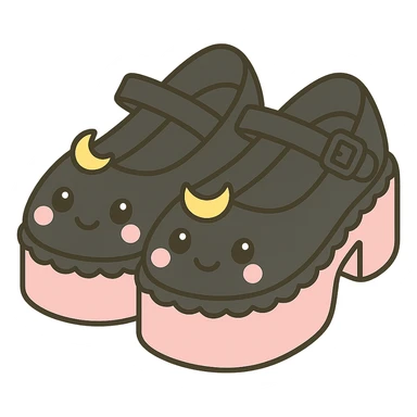Refine the kawaii BLACKPINK-inspired gothic shoes by replacing star charms with tiny moon charms and adding a scalloped edge detail. Keep the black and pink color contrast, playful and stylish, no hearts, transparent background. sticker