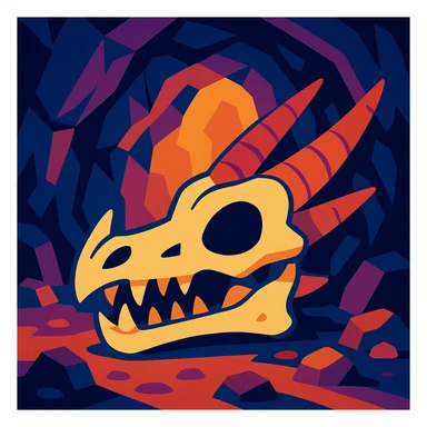 a dragon skull in a cave, stylized cartoon look sticker