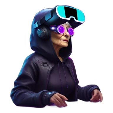 Russian old woman wearing a black hoodie with "OMG" letters on it and VR headset in a cyberpunk VR environment with violet neon lighting. sticker