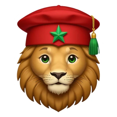 Cute lion emoji face wearing a red Moroccan fez with a green star on the front and a black tassel on the right side. Solid dark-blue background. sticker