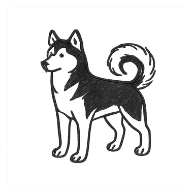 hand drawn outlined icon of a black husky dog, standing, tail curled sticker
