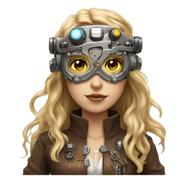Brown long hair with blonde steaks female cyborg head, fair skin, steampunk goggles and circuits sticker