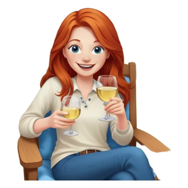 Laughing redhead with long hair and blue eyes holding white wine sitting in chair beside fire backyard sticker