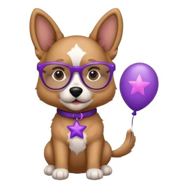 dog holding purple star balloon in hand with black glasses close view  sticker