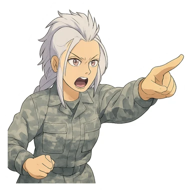 Style of Anime, 1 female, gold yellow eyes, white hair lavender tips, locks in front, mohawk, long white braid, she is a drill sergeant at work, focused facial expression, shouting command, eyes looking down in front of her, pointing a blade hand gesture to the forward direction, uniform of gray large scale digital camo sticker