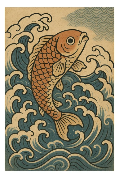 a koi fish swimming in a stylized wave, ukiyo-e style sticker