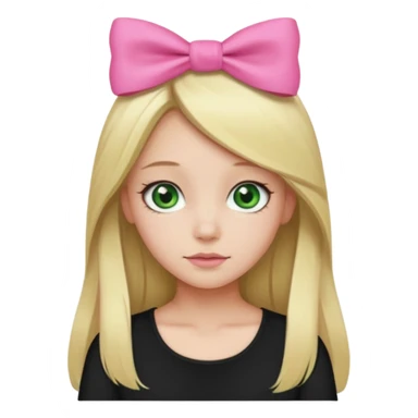 blonde girl middle part long hair , pink bow in hair, plain black top, green eyes. sticker