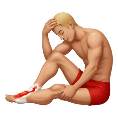 Man holding his foot in pain, muscle cramp in feet, red pain highlight on foot, simple medical emoji style, clean background sticker