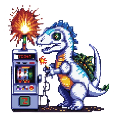 robot dinosaur shooting lasers from its eyes while playing a slot machine, with a big explosion in the background, pixel art style sticker