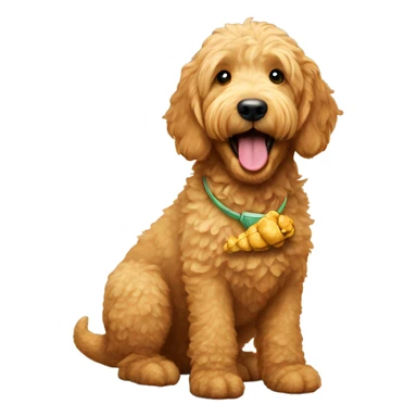 golden doodle with a dinosaur nugget in their mouth sticker