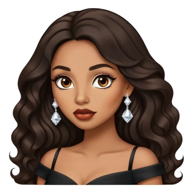 light brown skin tone, very beautiful woman, with big plump lips, long long lashes, black wavy long hair, brown eyes, black dress, diamond earrings sticker