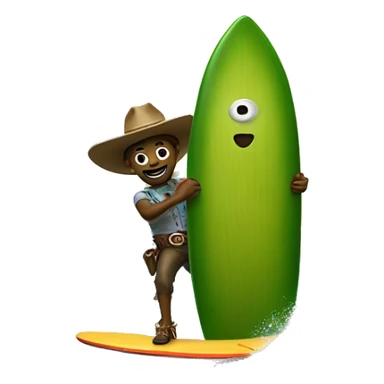 Pickles on a surfboard with a cowboy hat on riding waves sticker