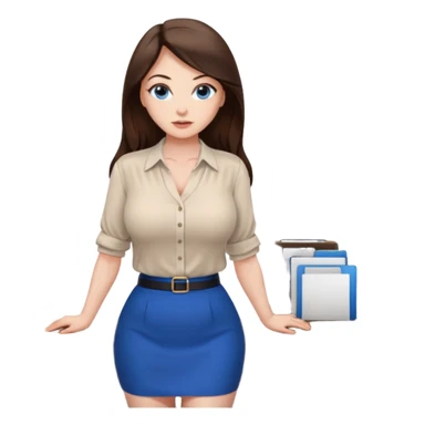 sexy woman brunette, very large breasts, pale skin, blue eyes, long brown hair, white blouse, short black skirt. office.  sticker