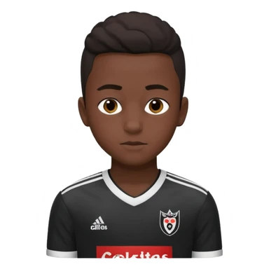 A dark-skinned boy, aged 15 and 16, is wearing a Besiktas jersey, black and white. sticker