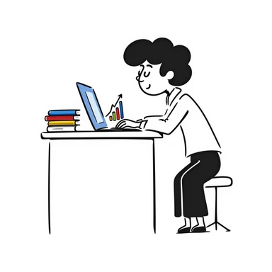 Academic research setup with an open laptop, stack of colorful books, and a rising data chart graph with upward trend. Hand-drawn doodle style with blue laptop screen, multicolored book spines, and a colorful bar chart. sticker