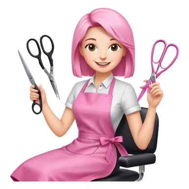 happy woman client in pink apron sitting in salon chair, female hairstylist smiling behind her with scissors sticker