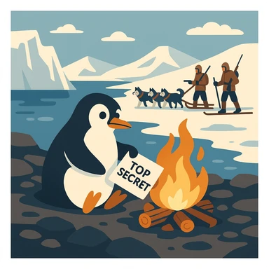 flat toon style penguin on a rocky polar shore, burning secret materials in a campfire, glancing around; far background, two people with wolf sled, rifles, skis sticker