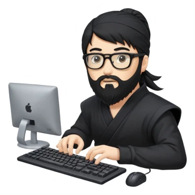 Man with black hair and beard wearing glasses in a ninja costume. Keep the top left version, make the beard longer and add a computer keyboard  sticker