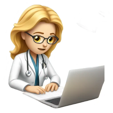 Exhausted, white, female doctor with strawberry blonde hair typing notes at her desk sticker