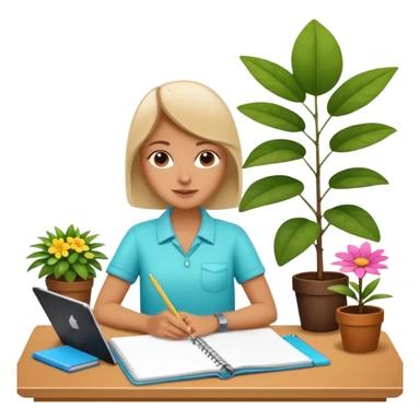 DE VACACIONES y detrás un escritorio moderno, con una notebook, una agenda y una planta con una flor sticker