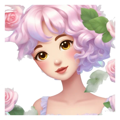 Gorgeous pastel shiny pearly colorful anime style lady with blushing face and roses leaves shiny cottagecore fairycore aesthetic trending style sticker