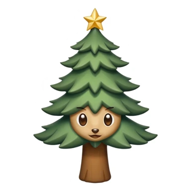 Un emoji représentant un petit sapin stylisé, sans bouche, avec deux grands yeux de biche brillants couleur cannelle. Style minimaliste, mignon et expressif, comme un sticker ou un emoji moderne. Fond parfaitement transparent, haute qualité, bien centré. sticker