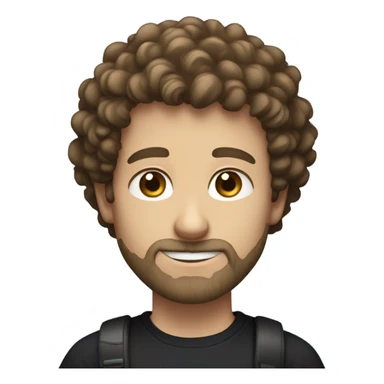 a white man with curly frizzy brown hair and a short trimmed beard with no mustache with blue eyes, black t shirt  sticker