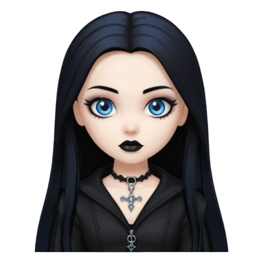 goth bratz baddie, beautiful blue eyes, gothic black makeup, long straight black hair, black gothic hair styled, black goth clothes sticker