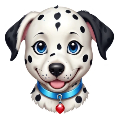 Cinematic Cute Harlequin Dalmatian Portrait Emoji, Head tilted playfully and inquisitively, featuring a glossy Fur of predominantly white with dynamic black patches, round, sparkling blue eyes filled with gentle curiosity, Simplified yet irresistibly adorable features, highly detailed, glowing with a warm, friendly glow, high shine, affectionate and gentle, stylized with a touch of whimsy, bright and endearing, soft glowing outline, capturing the essence of a mischievous yet loving pup, so playful it feels like it could lumber out of the screen and into your arms! sticker