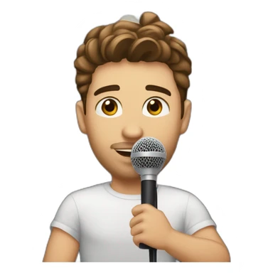  men with brown hair and light skin with microphone stand in front of him with show spotlights on a stage and many lights and spotlights on a raised stage sticker