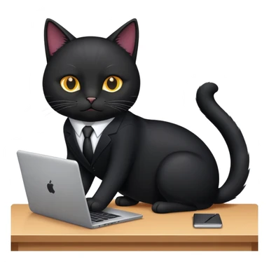 Black cat in a black business suit in an office with laptop sticker