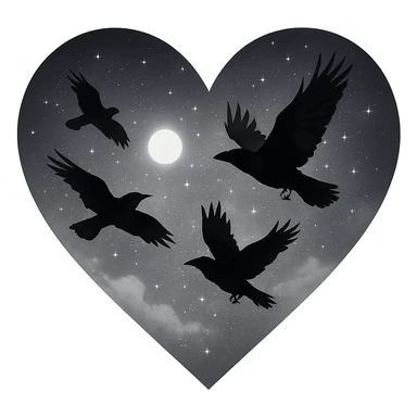  heart with white night sky and dark ravens, remove background sticker